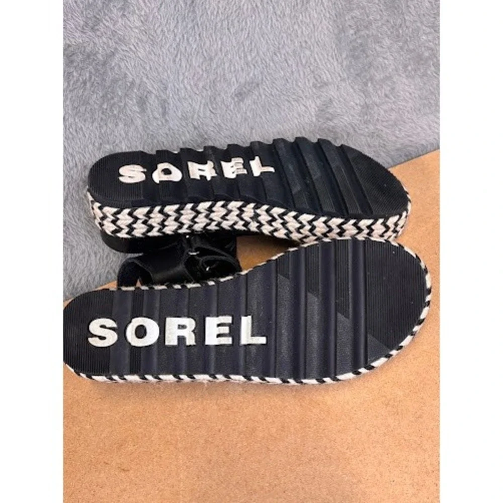 Sorel Cameron Flatform Sandals Black Leather Chevron Espadrille Womens 10 NL4012